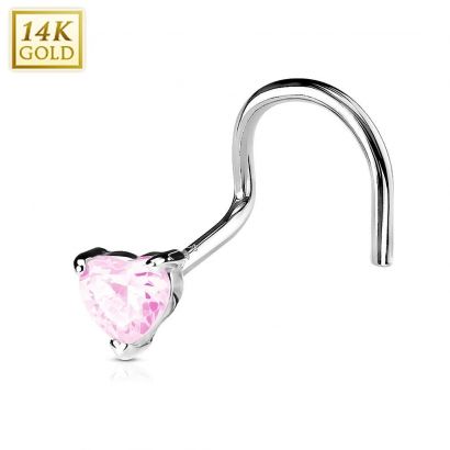 Zlatý piercing do nosu - srdíčko růžové, Au 585/1000