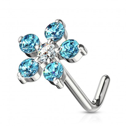 Zahnutý piercing do nosu, kytička (tyrkysová)