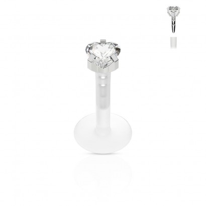 Piercing do brady - labreta srdíčko, 1,2x8mm, čirý zirkon 4mm