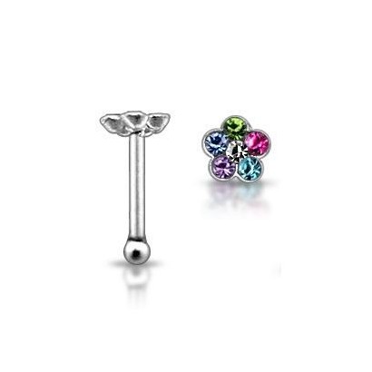 Stříbrný piercing do nosu - kytička s kamínky