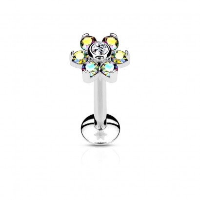 Piercing do brady - labreta kytička, čirý/duhové kamínky (1,2 x 6 mm)