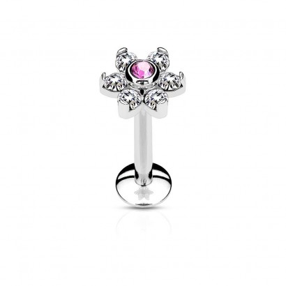 Piercing do brady - labreta kytička, růžový/čiré kamínky (1,2 x 8 mm)