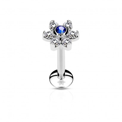 Piercing do brady - labreta kytička, modrý/čiré kamínky (1,2 x 6 mm)