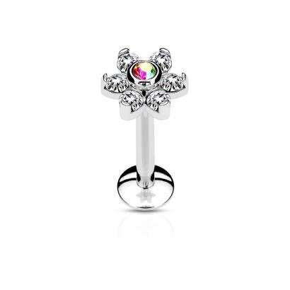 Piercing do brady - labreta kytička, duhový/čiré kamínky (1,2 x 8 mm)