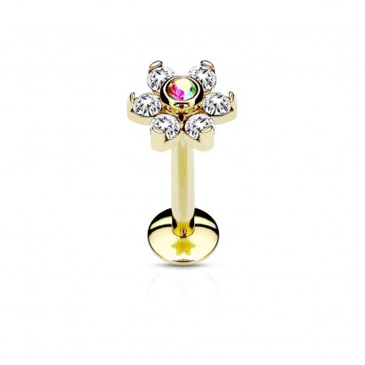 Zlacený piercing do brady - labreta kytička (1,2 x 8 mm)