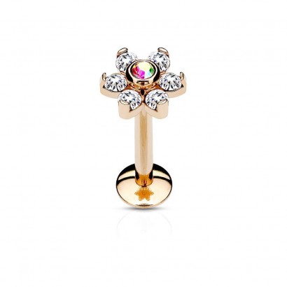 Zlacený piercing do brady - labreta kytička (1,2 x 8 mm)