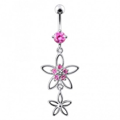 Stříbrný piercing do pupíku - kytičky (růžová)