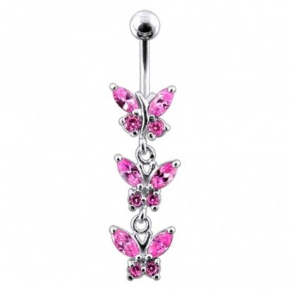 Stříbrný piercing do pupíku s motýlky (růžová)