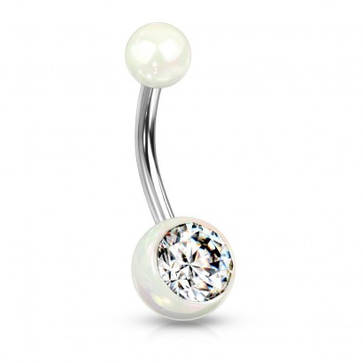 Piercing do pupíku - perleťový lesk a zirkon (bílý)