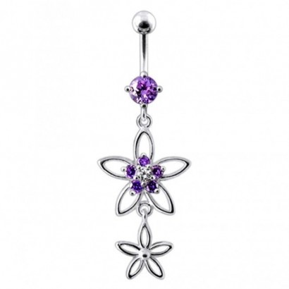 Stříbrný piercing do pupíku - kytičky (fialová)
