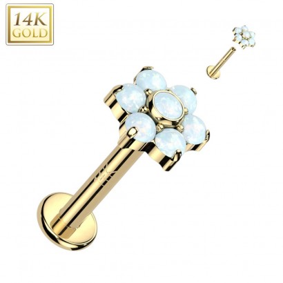 Zlatý piercing do brady - labreta opál, Au 585/1000 (1,2 x 6 mm)