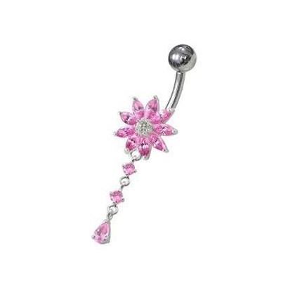 Stříbrný piercing do pupíku - kytička (růžová)