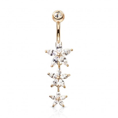 Visací piercing do pupíku s kytičkami rosegold