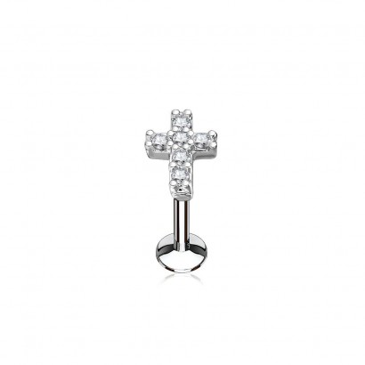 Piercing do brady křížek 1,2 x 6 mm, čiré zirkony