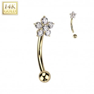 Zlatý piercing do obočí, čirý zirkon, Au 585/1000