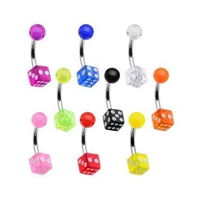 Piercing do pupíku - hrací kostka (čirá s černými puntíky)