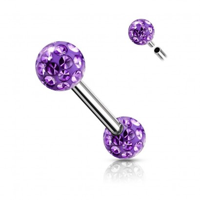 Piercing do jazyka chirurgická ocel s fialovými krystaly