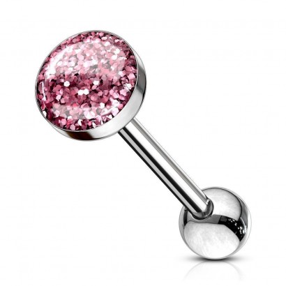 Piercing do jazyku s třpytkami růžovými