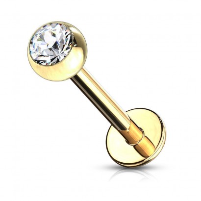 Pozlacený piercing do brady - labreta 1,2 x 12 mm, čirý zirkon