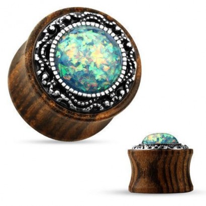 Dřevěný plug s ornamenty a opálem (14 mm)