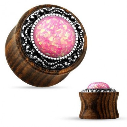 Dřevěný plug s ornamenty a opálem (14 mm)