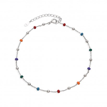 Stříbrný náramek na nohu s barevnými korálky