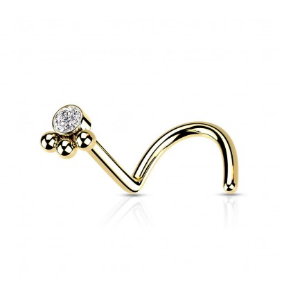 Zahnutý piercing do nosu se zirkonem (zlacená)