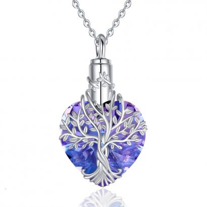 Stříbrný pietní náhrdelník - Fialové Swarovski srdce s motivem stromu života
