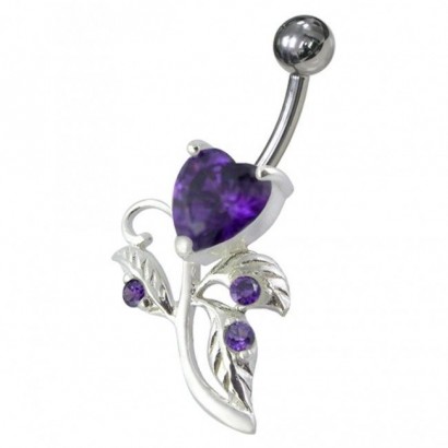 Stříbrný piercing do pupíku - srdíčko (fialová)