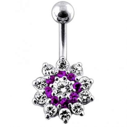 Stříbrný piercing do pupíku - kytička (čirá/tmavě  fialová)