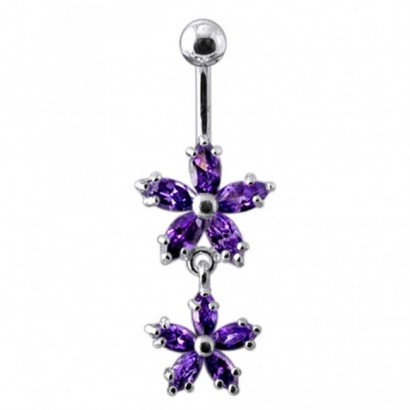 Stříbrný piercing do pupíku - kytičky (fialová)