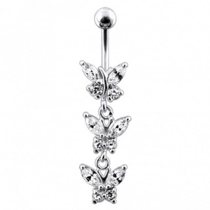 Stříbrný piercing do pupíku s motýlky (čirá)