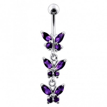 Stříbrný piercing do pupíku s motýlky (fialová)