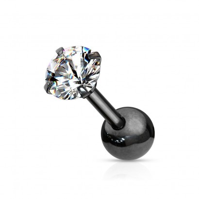 Černý cartilage piercing do ucha, čirý kámen (4 mm)