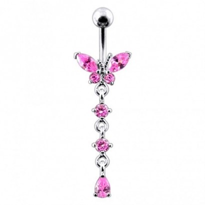 Stříbrný piercing do pupíku - motýlek (růžová)