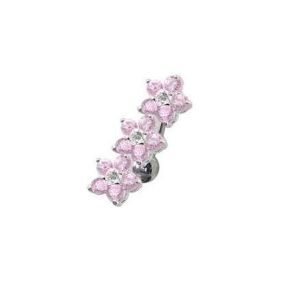 Stříbrný piercing do pupíku se štítem - kytičky (růžová)