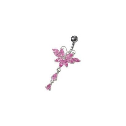 Stříbrný piercing do pupíku - motýlek (růžová)