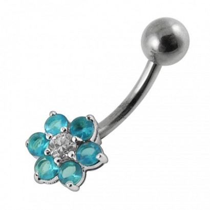 Stříbrný piercing do pupíku - kytička (tyrkysová)