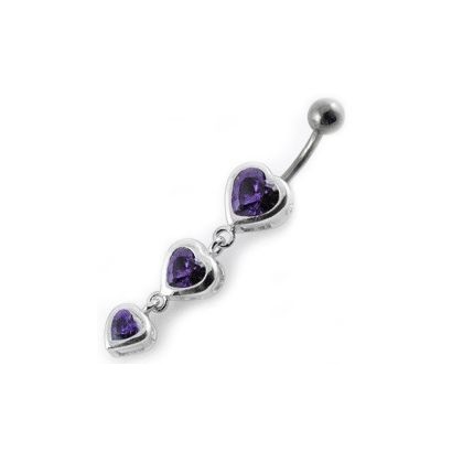 Stříbrný piercing do pupíku - srdíčka (fialová)