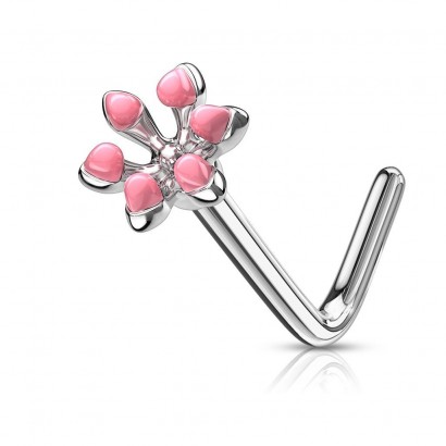 Zahnutý piercing do nosu kytička (růžová)