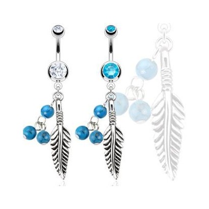 Piercing do pupíku pírko s tyrkysem HWNAL12770