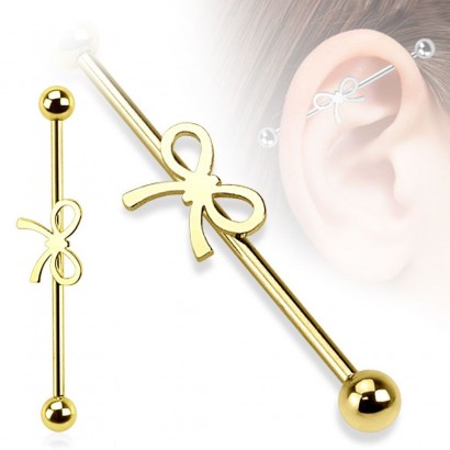 Zlacený industrial piercing - mašlička, 1,6 x 38 mm
