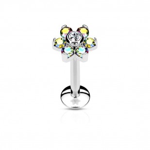 Piercing do brady - labreta kytička, čirý/duhové kamínky