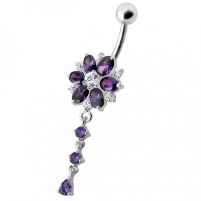 Stříbrný piercing do pupíku - kytička (fialová)
