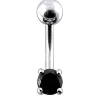 Stříbrný piercing do pupíku, zirkon (černá, 1,30 g, 1,6 x 10 mm)