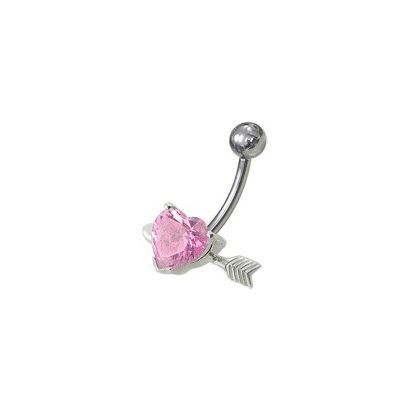 Stříbrný piercing do pupíku - srdíčko probodnuté (růžová)