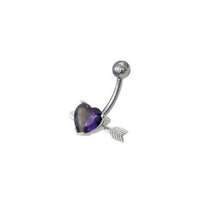 Stříbrný piercing do pupíku - srdíčko probodnuté (fialová)