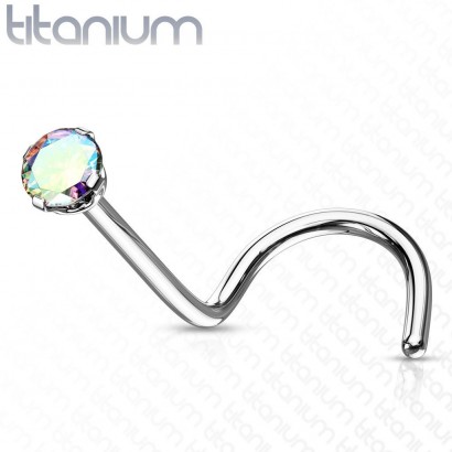 Zahnutý piercing do nosu - titan, kamínek 2 mm (duhová)