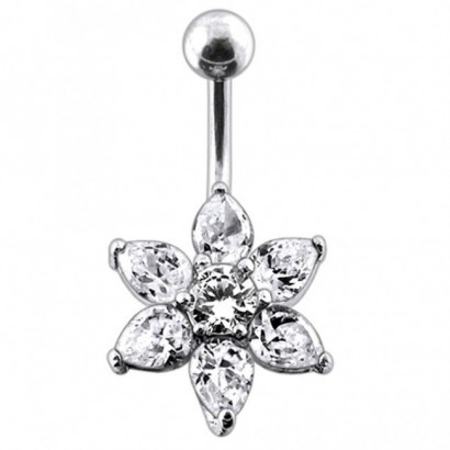 Stříbrný piercing do pupíku - kytička (čirá)