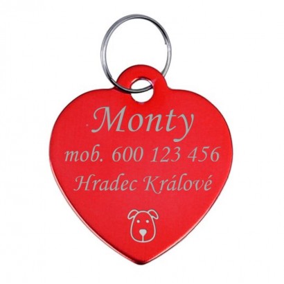 Hliníková psí známka srdce (červená)